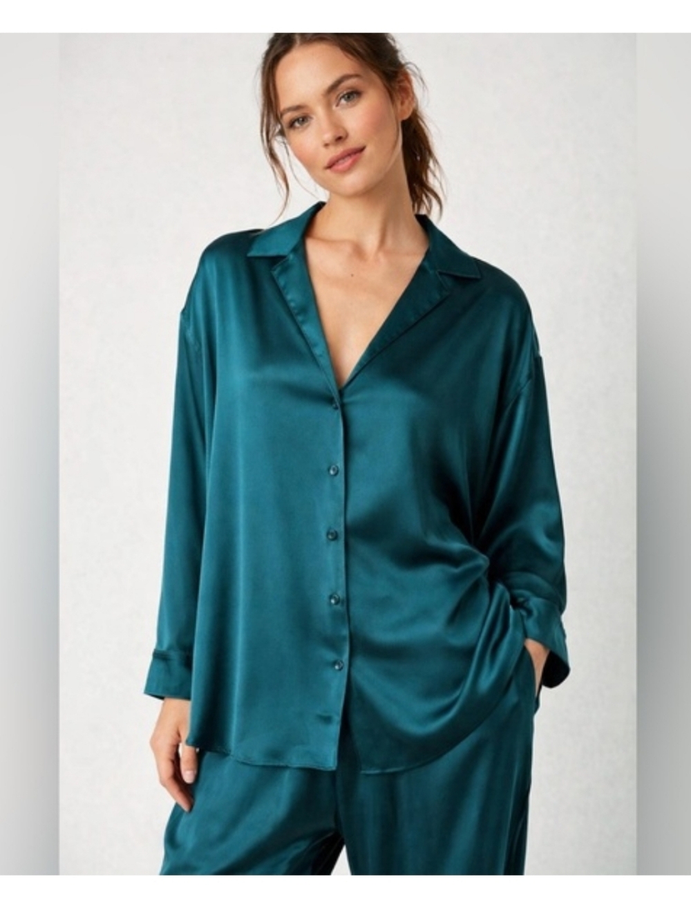 Free People Satin Button-Down Top in Dark Blue/green